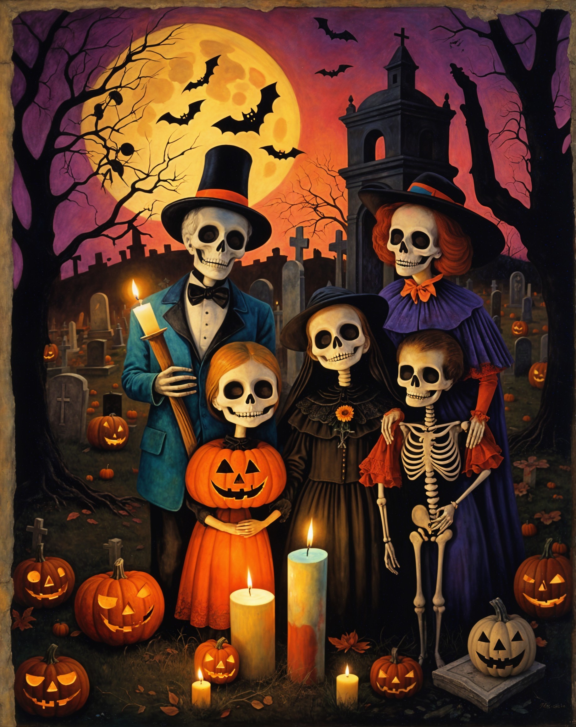 Cheerful Skeleton Family Celebrates Halloween in Graveyard