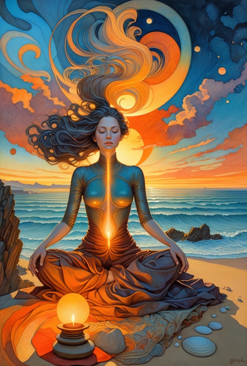 Meditative Figure on Beach at Vibrant Sunset
