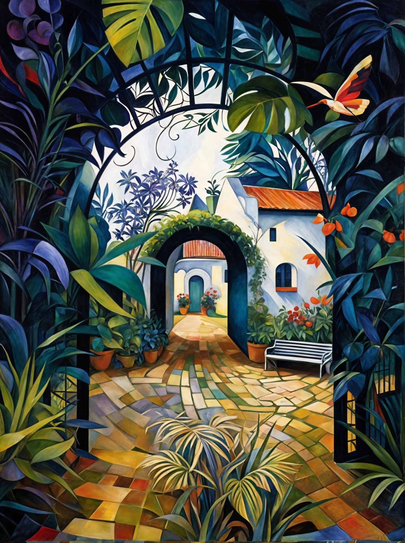 Tropical Garden Scene with Archway and Pathway