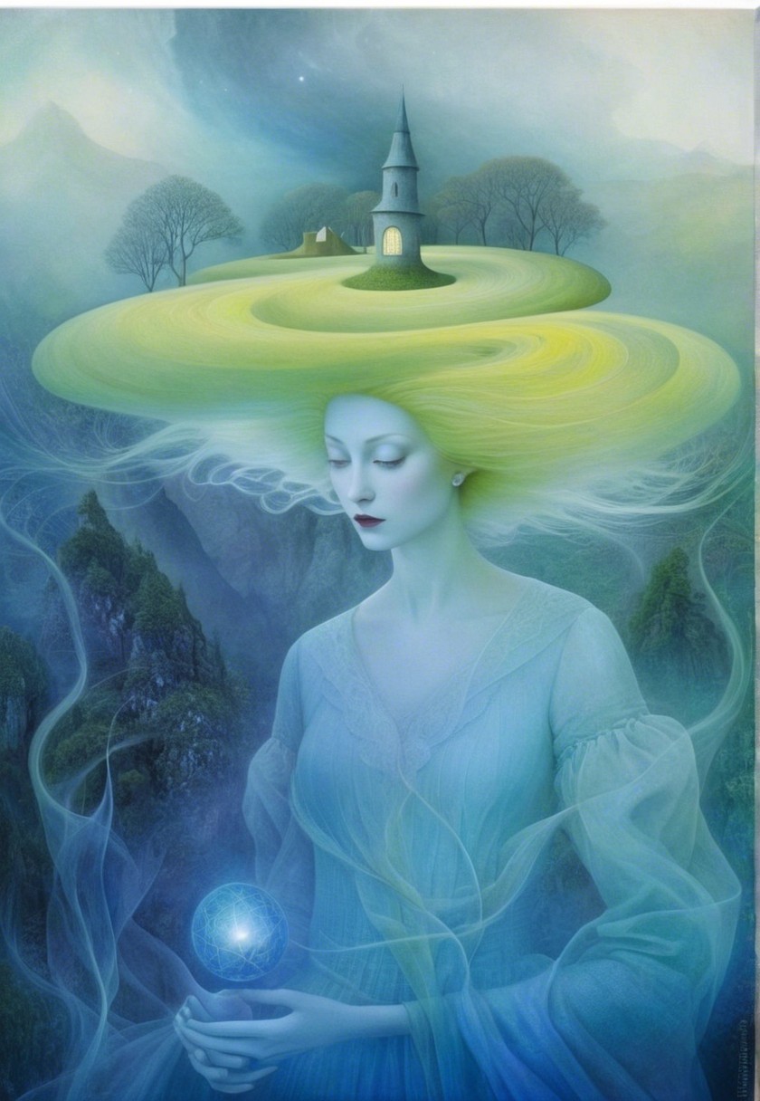 Ethereal Figure in Dreamy Landscape with Church and Orb
