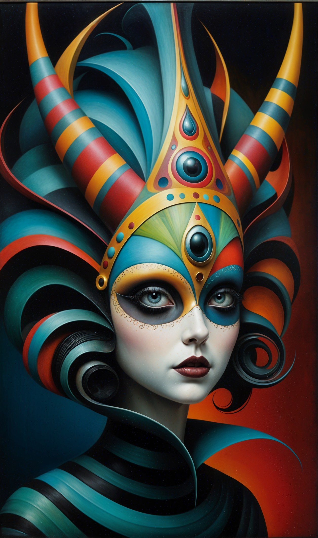Stylized portrait of a woman with vibrant headdress