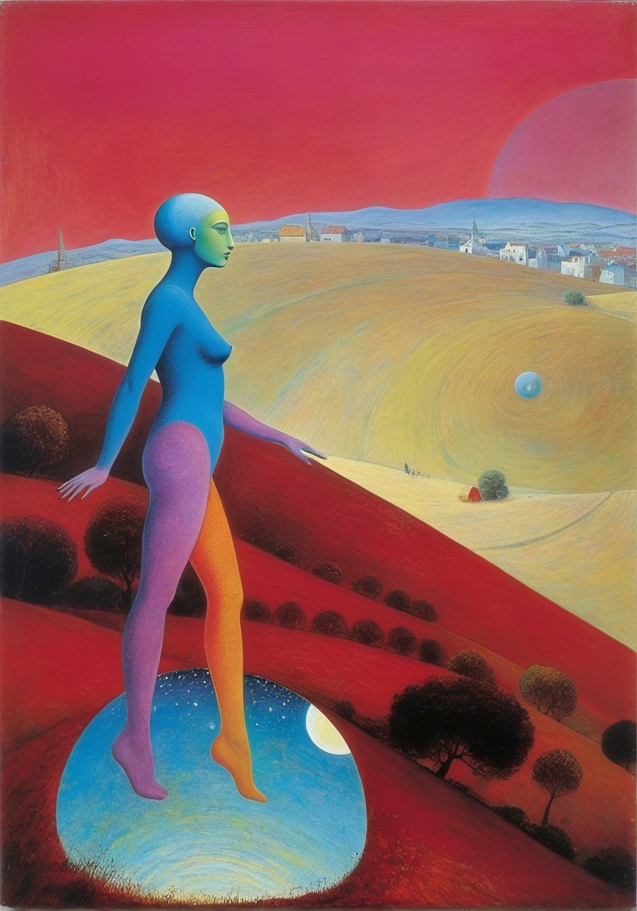 Surreal Landscape with Humanoid Figure and Celestial Body