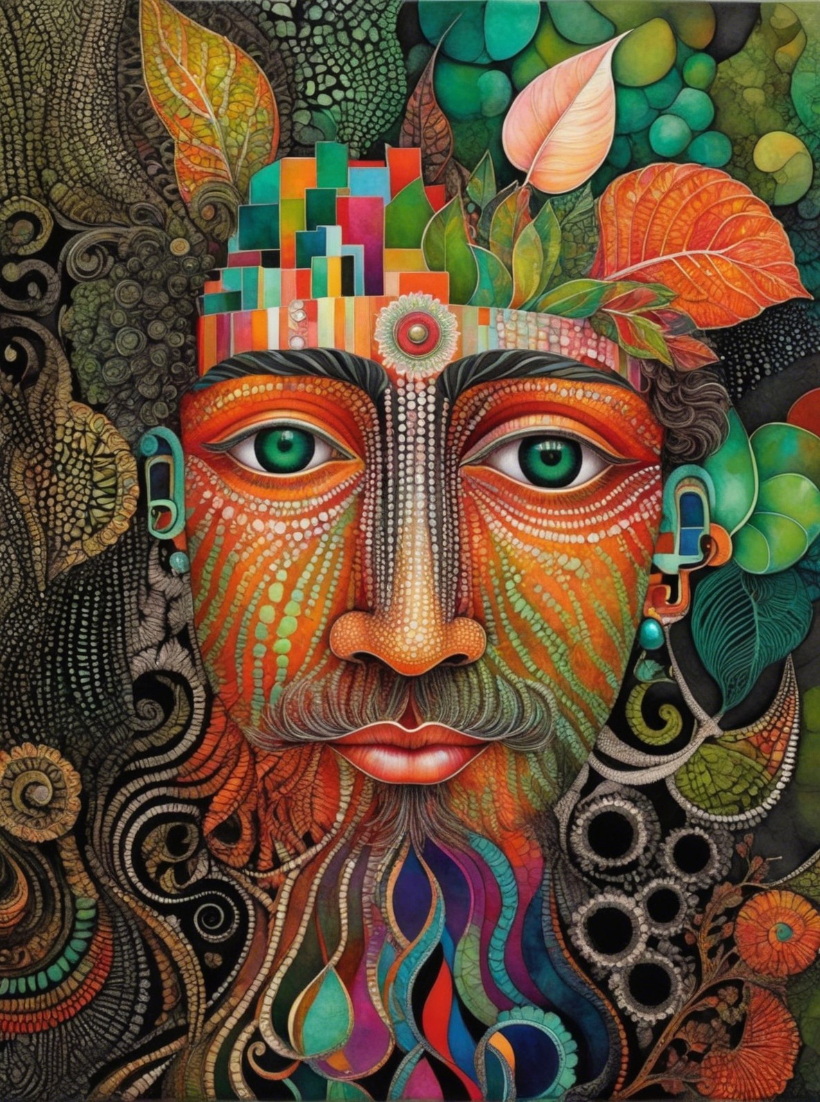 Vibrant Face Artwork with Nature-Inspired Patterns