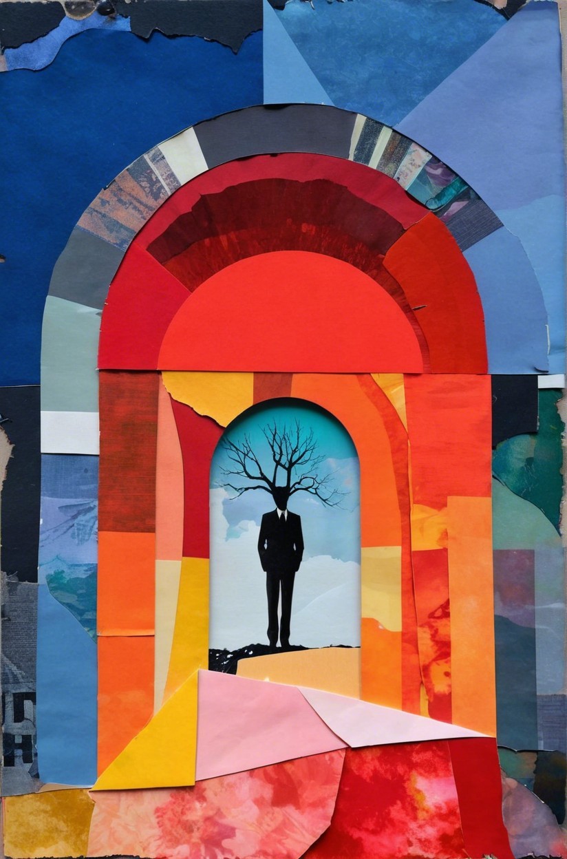 Vibrant Collage of Archway and Silhouetted Figure
