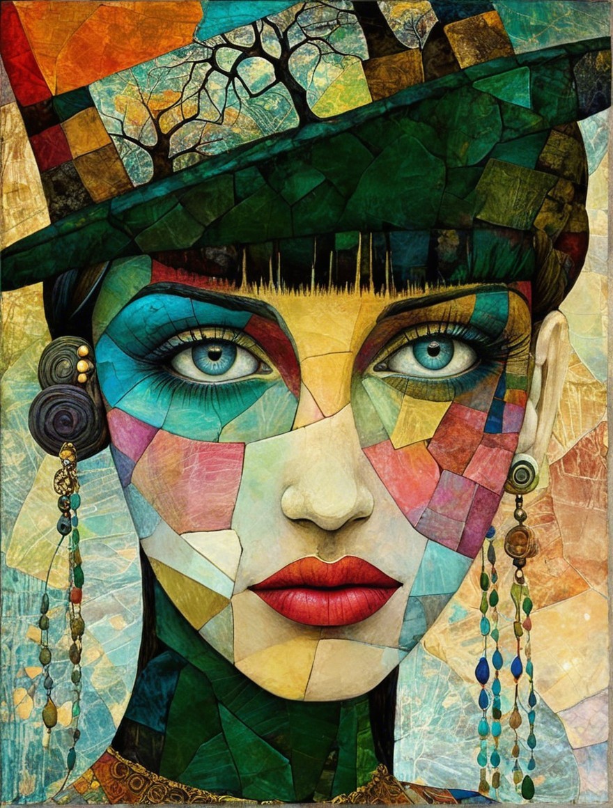 Portrait of a Woman with Mosaic Pattern and Hat