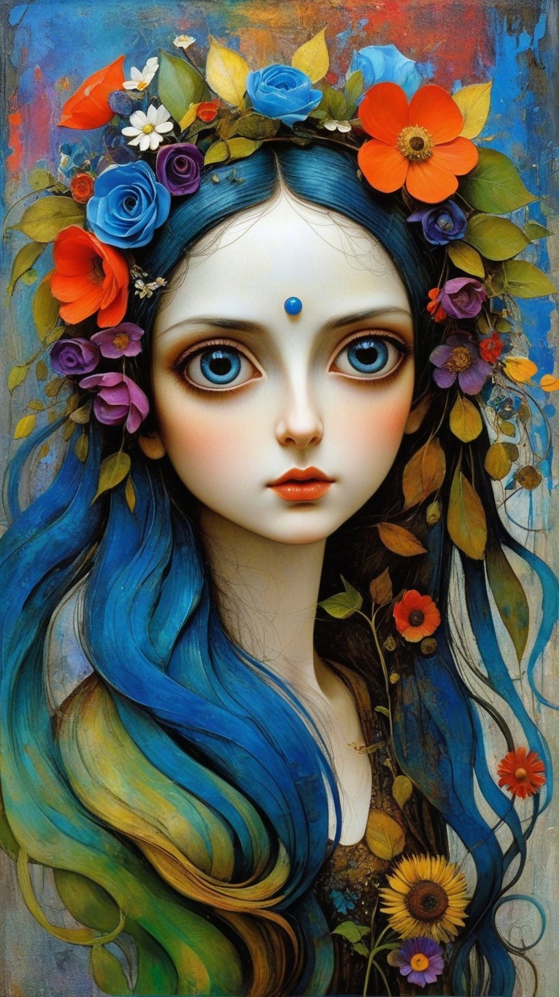 Whimsical Portrait of a Girl with Blue Hair and Flowers