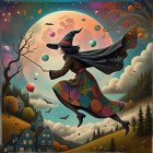 Whimsical Witch in Colorful Sky Over Quaint Village