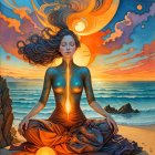 Meditative Figure on Beach at Vibrant Sunset