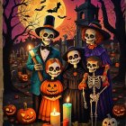 Cheerful Skeleton Family Celebrates Halloween in Graveyard