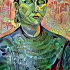 Stylized Female Figure in Green and Blue Mosaic Art