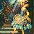 Surreal Dance Scene with Elegant Woman and Ominous Creature