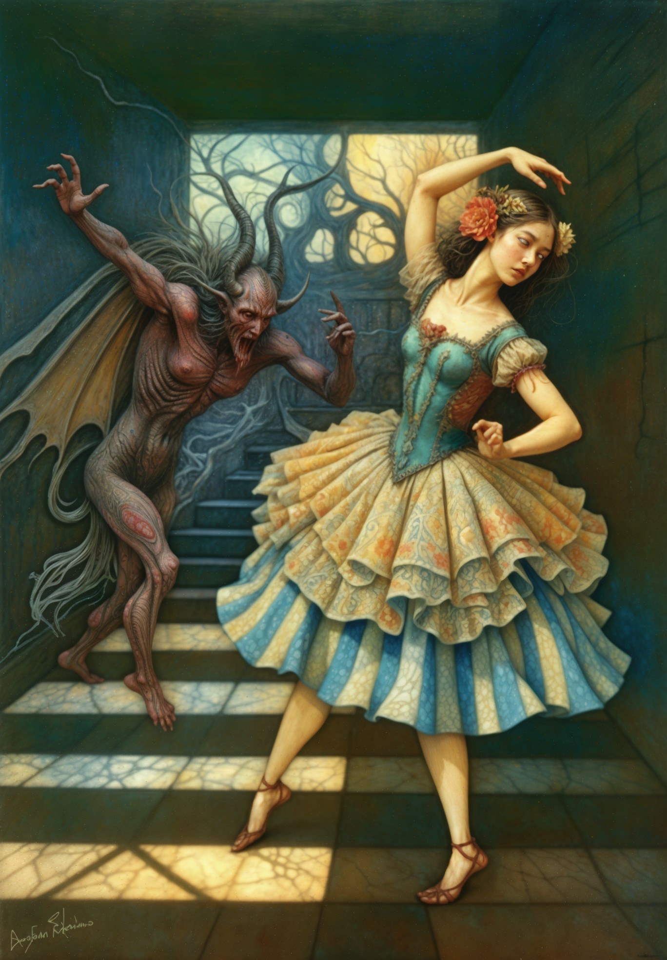 Surreal Dance Scene with Elegant Woman and Ominous Creature