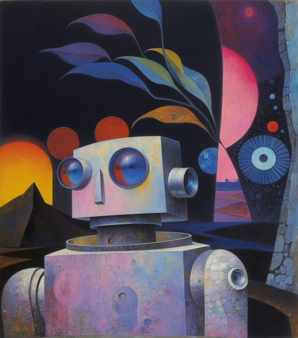 Surreal Robot Art in Cosmic Landscape with Vivid Colors