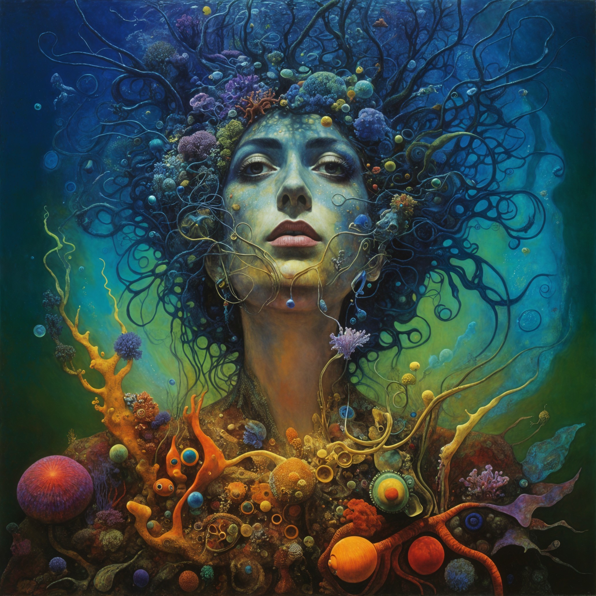 Woman with Colorful Tendrils in Marine Environment