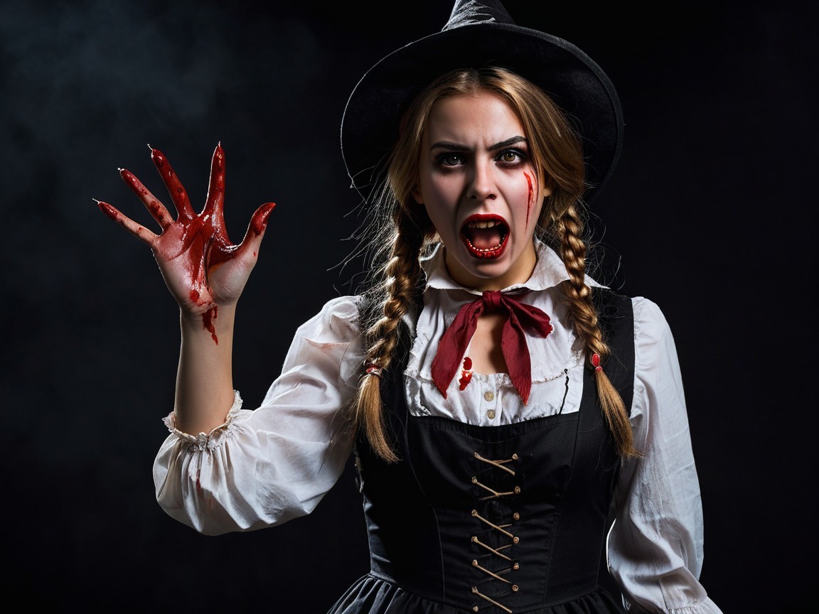 Witch in Victorian Dress Against Dark Background