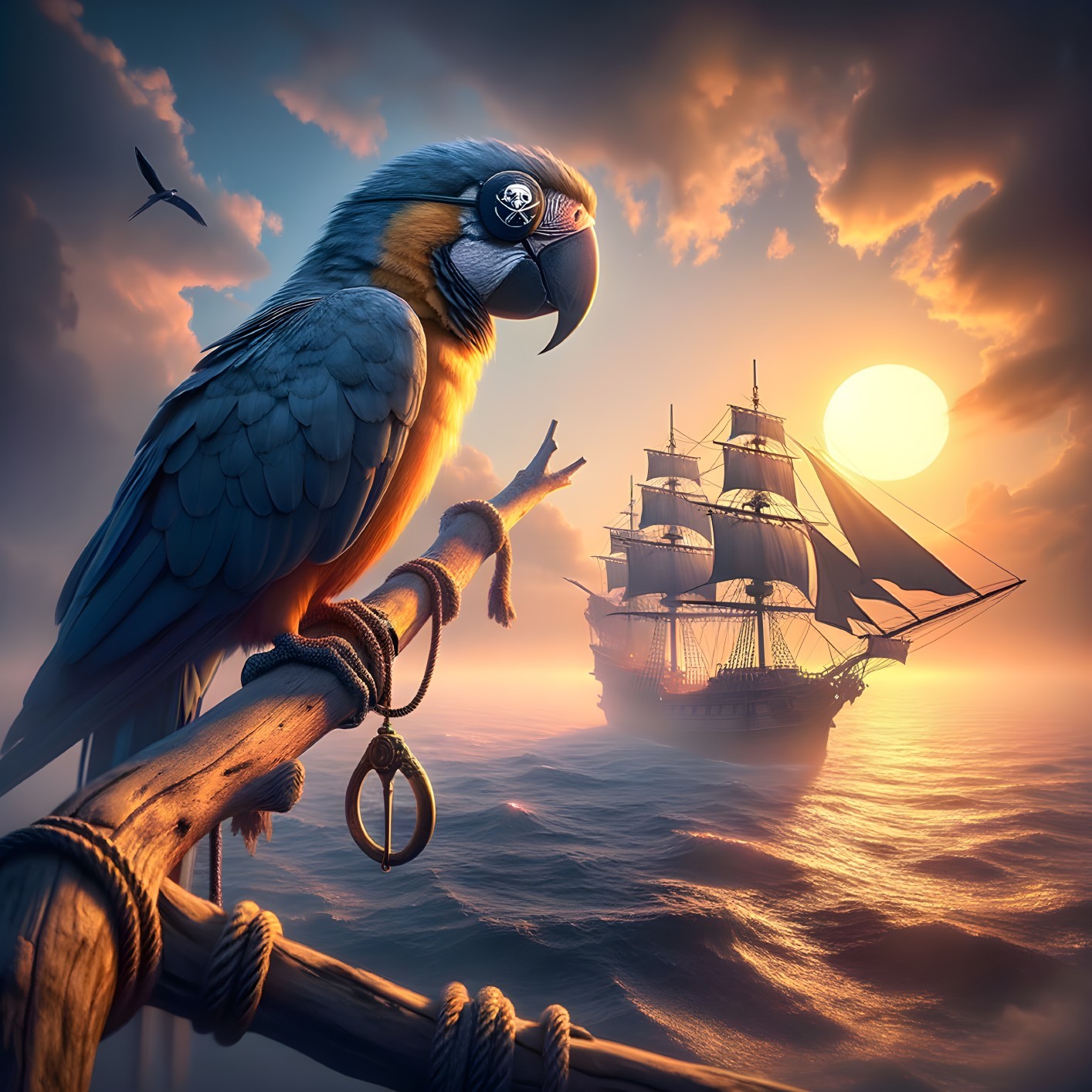 Vibrant Pirate Parrot on Branch with Sailing Ship Sunset