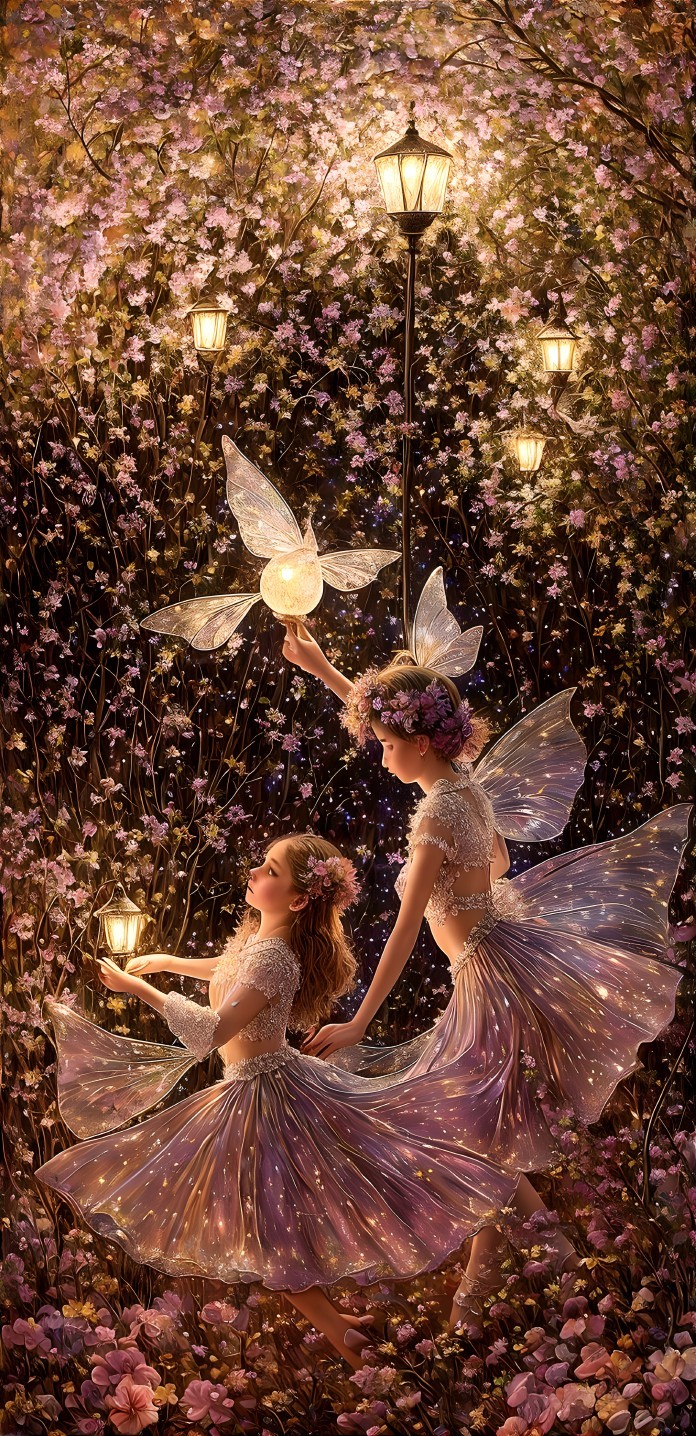 Fairies with Glowing Wings in Flower Garden Scene