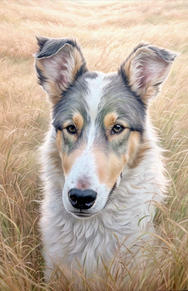 Realistic Painting of a Border Collie in Golden Grass