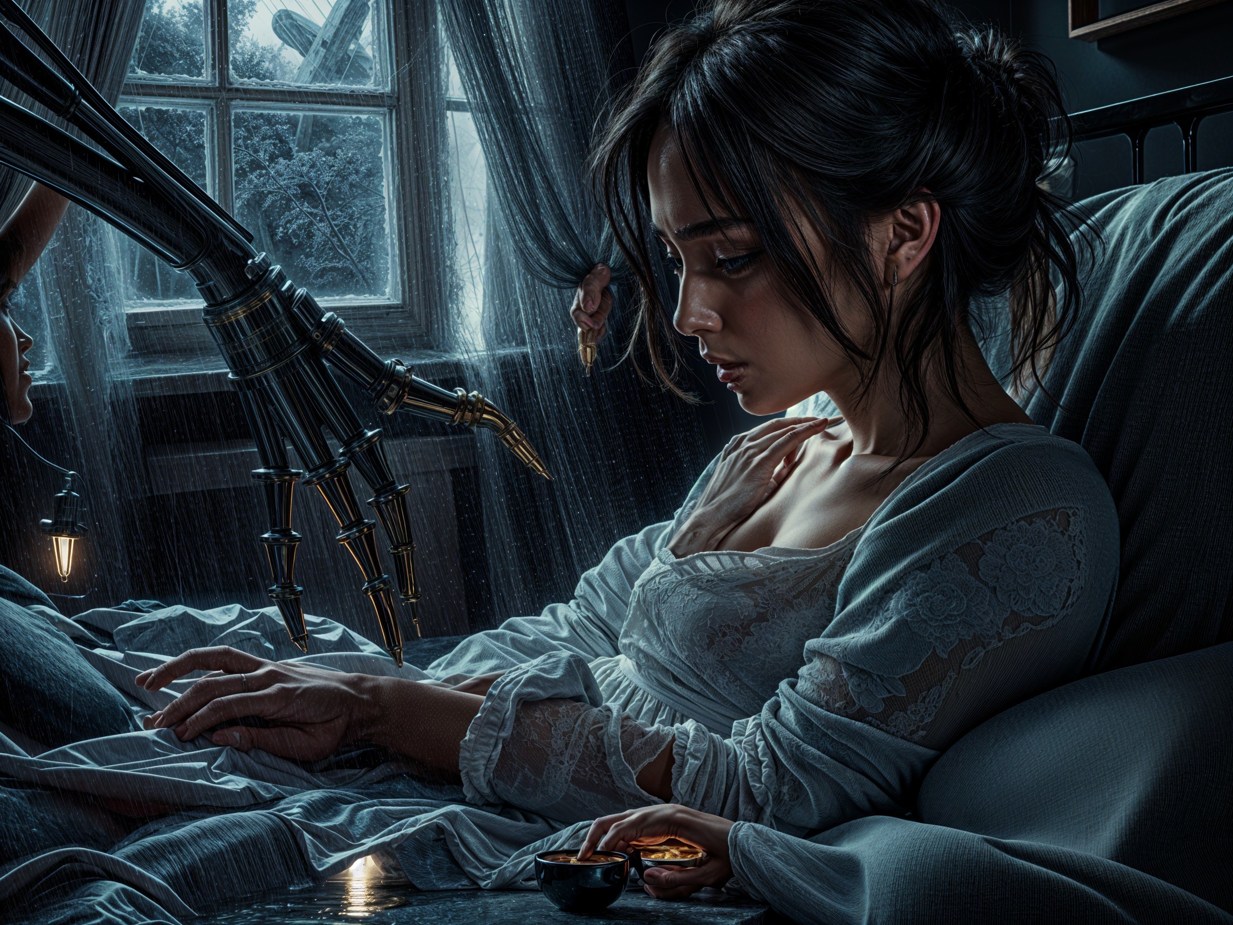 Woman in a dim room with mechanical arm and soft dress