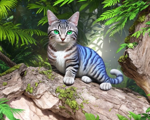 Vibrant Tabby Cat on Moss-Covered Log in Jungle