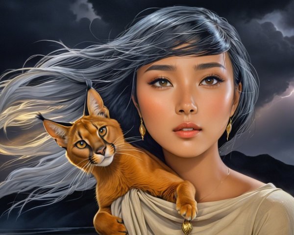 Young woman with gray hair and caracal in stormy scene