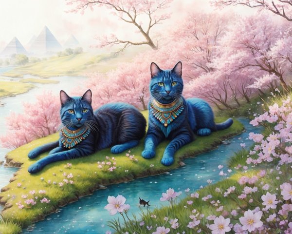Blue Cats by a Stream with Cherry Blossoms and Pyramids