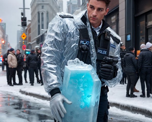 Futuristic Police Officer in Snowy Urban Setting