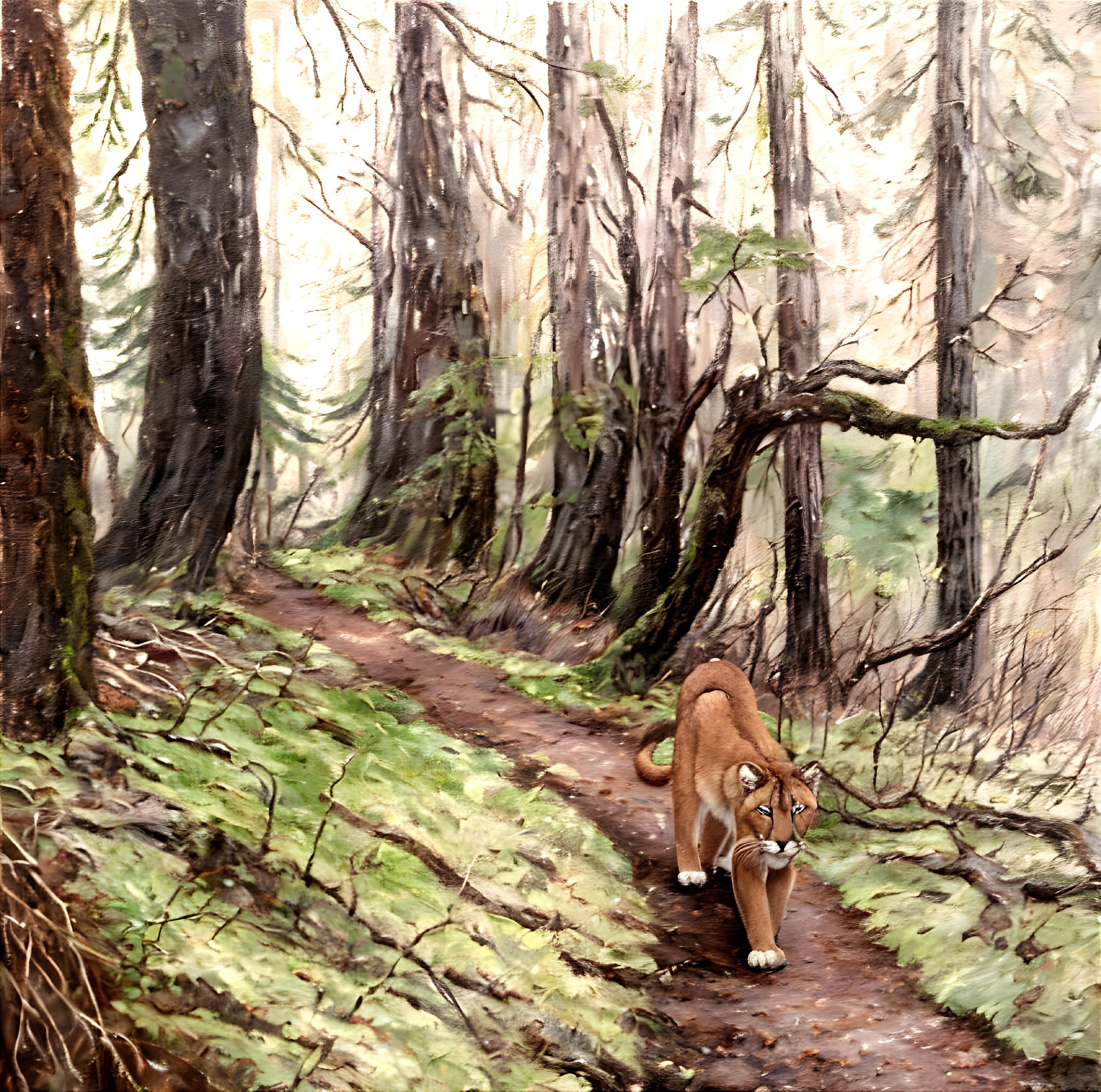 Forest trail scene: Mountain lion among foggy trees and ferns.