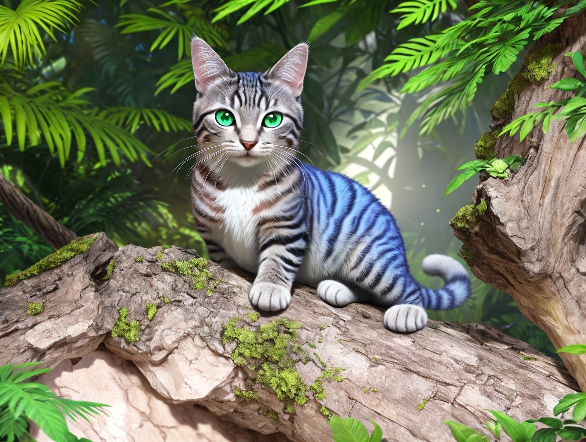 Vibrant Tabby Cat on Moss-Covered Log in Jungle
