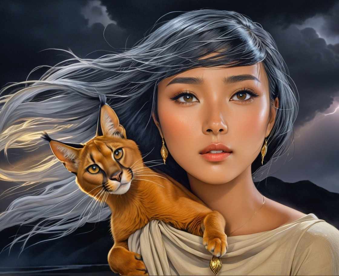 Young woman with gray hair and caracal in stormy scene