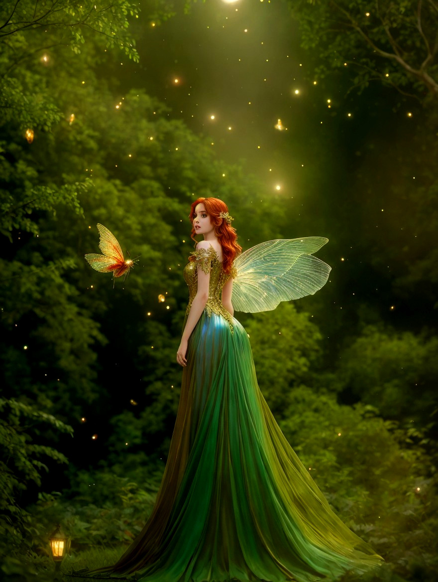 Mystical Forest Scene with Winged Woman and Butterfly