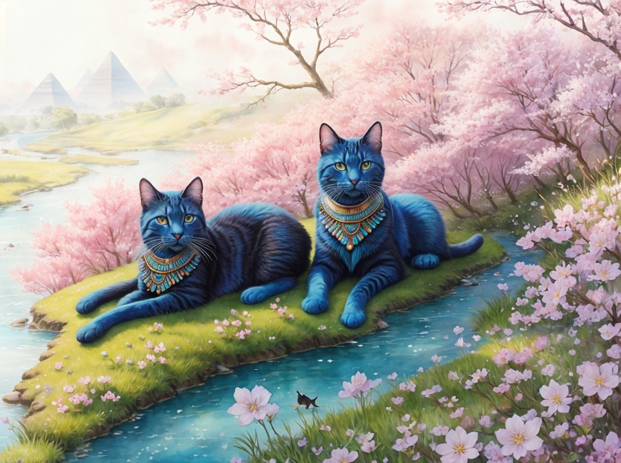 Blue Cats by a Stream with Cherry Blossoms and Pyramids