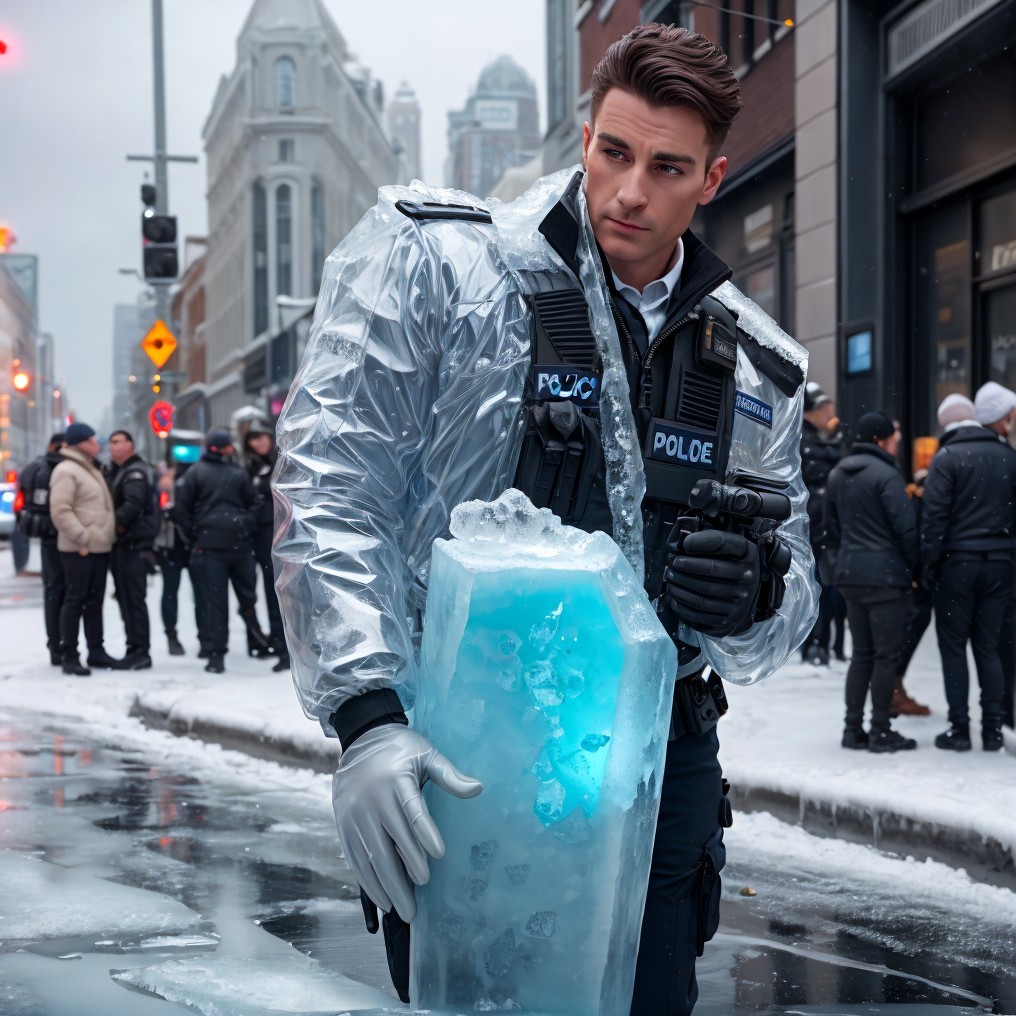 Futuristic Police Officer in Snowy Urban Setting