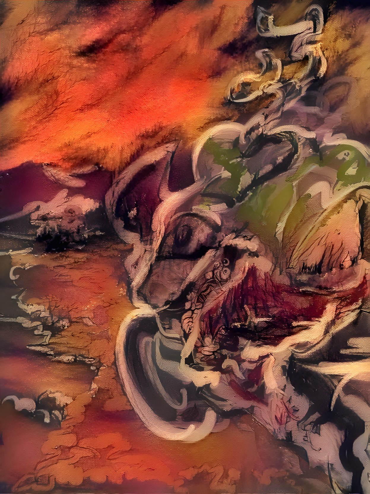 Abstract Landscape with Swirling Orange and Dark Hues