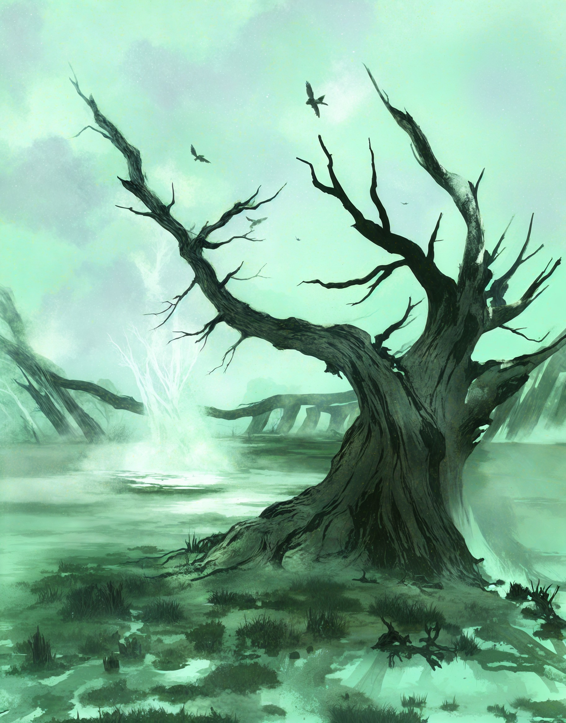 Ethereal Landscape with Leafless Tree and Misty Water