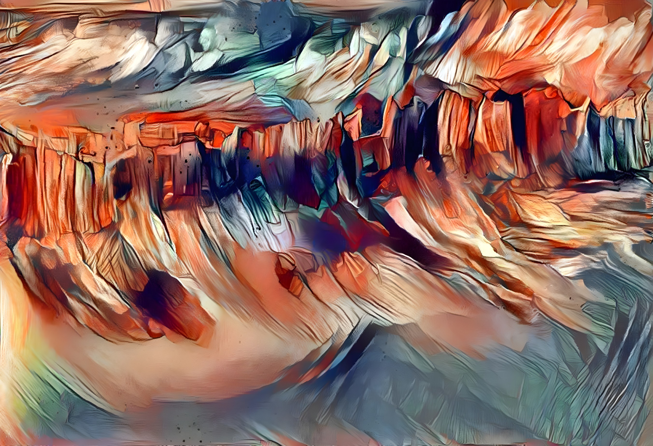 Abstract Landscape with Reddish-Orange Cliffs and Swirls