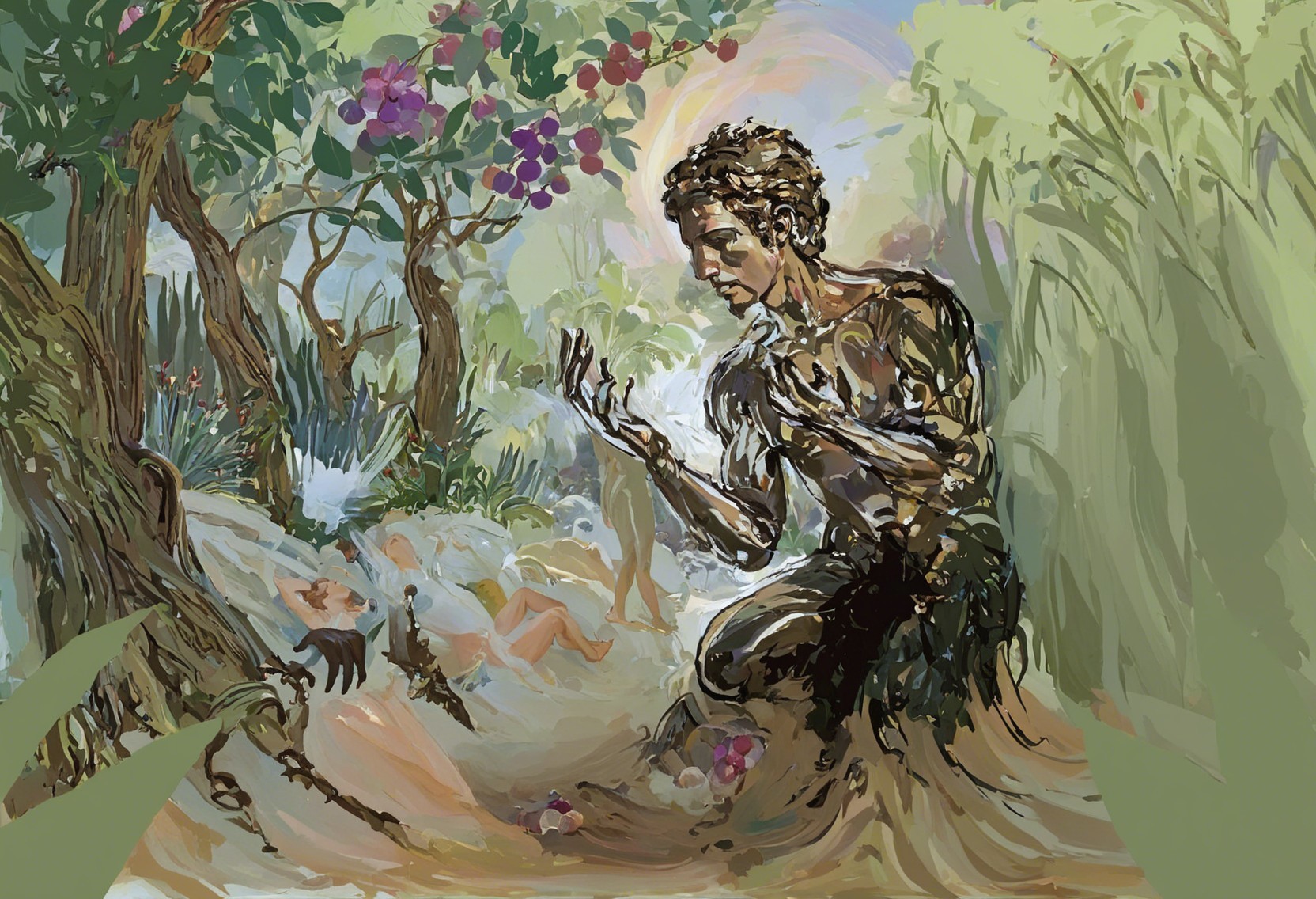 Figure in Vibrant Forest with Earthy Textures and Flora