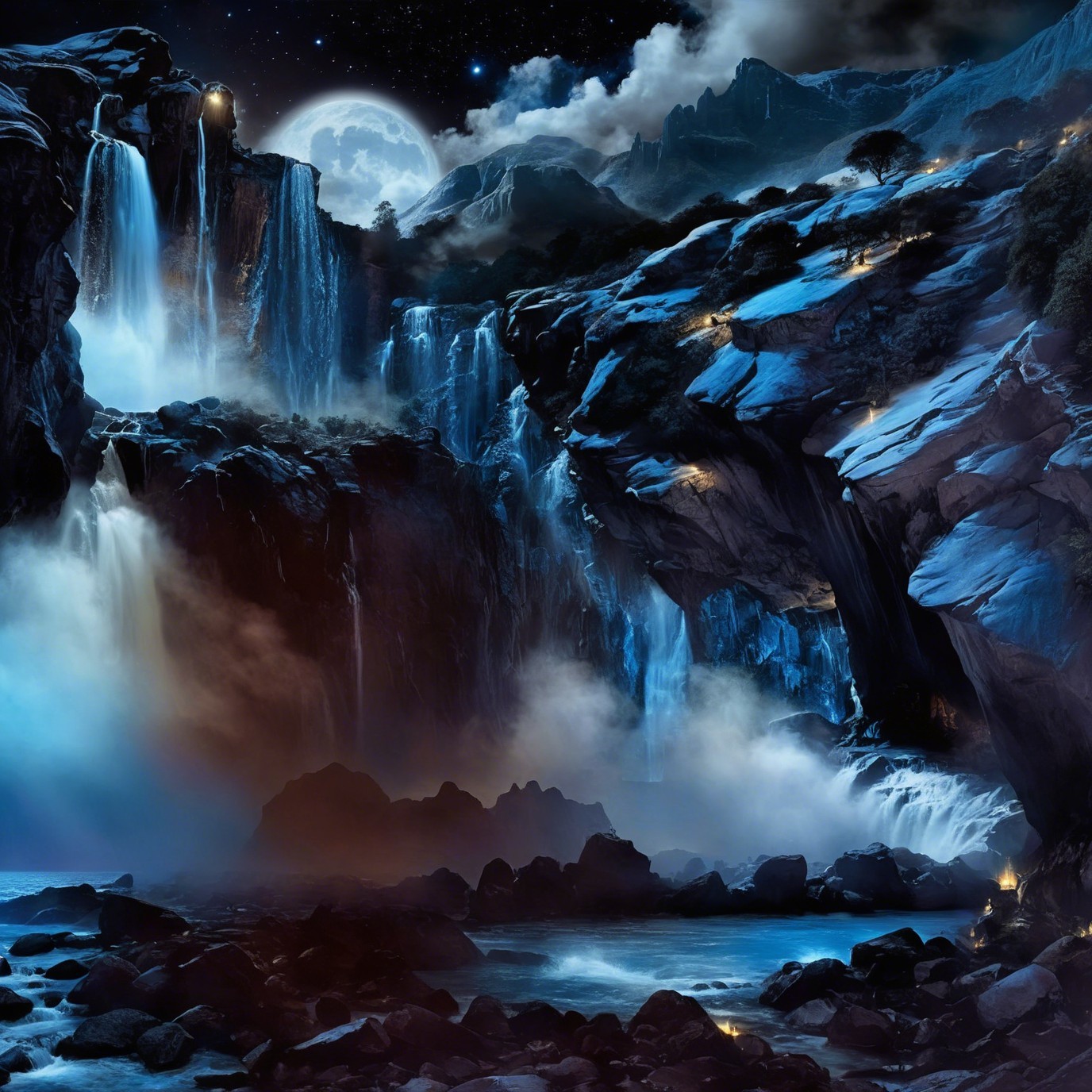 Moonlit Waterfalls in a Starry Night Landscape