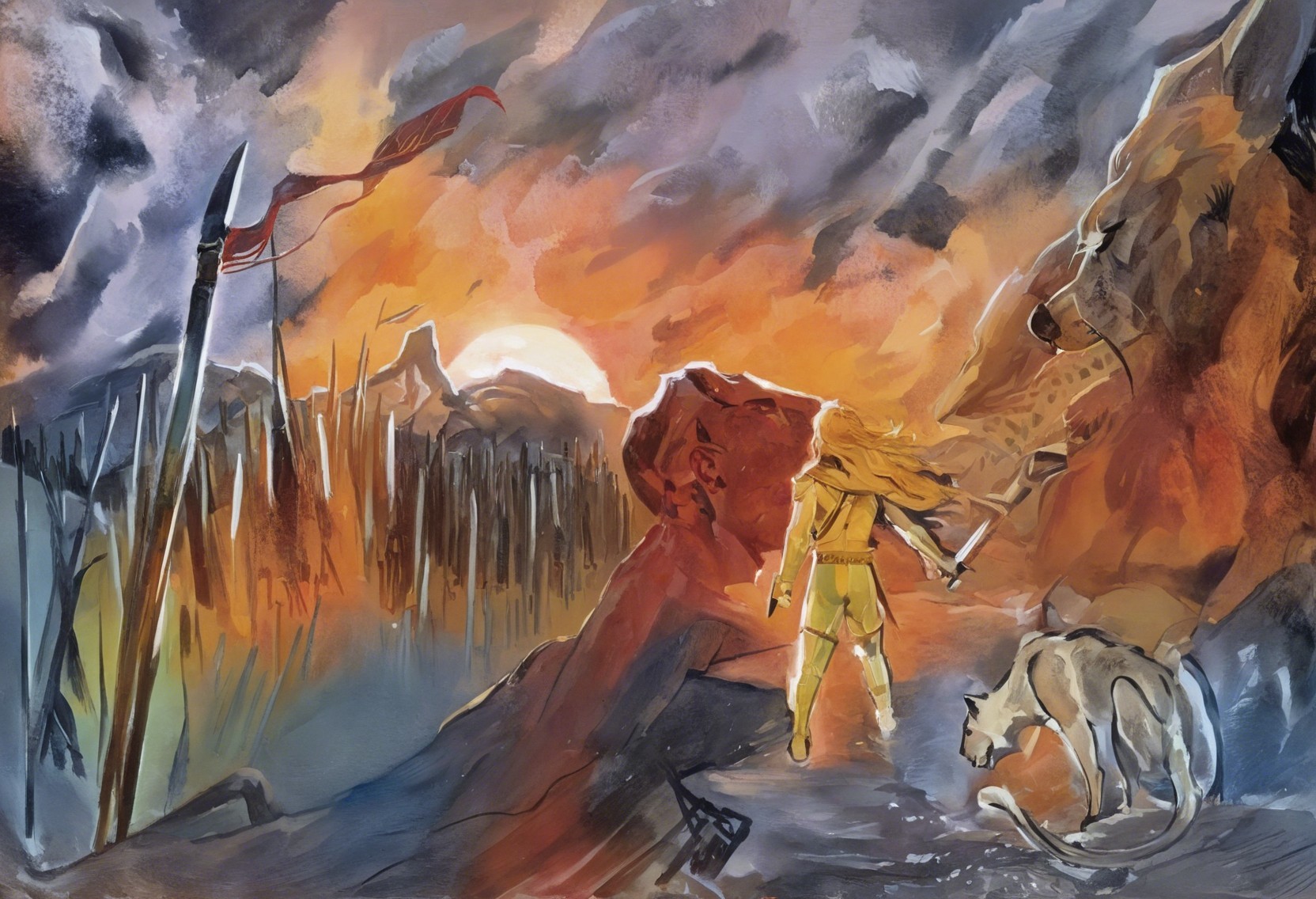 Warrior with Sword and Wolf at Fiery Sunset Landscape