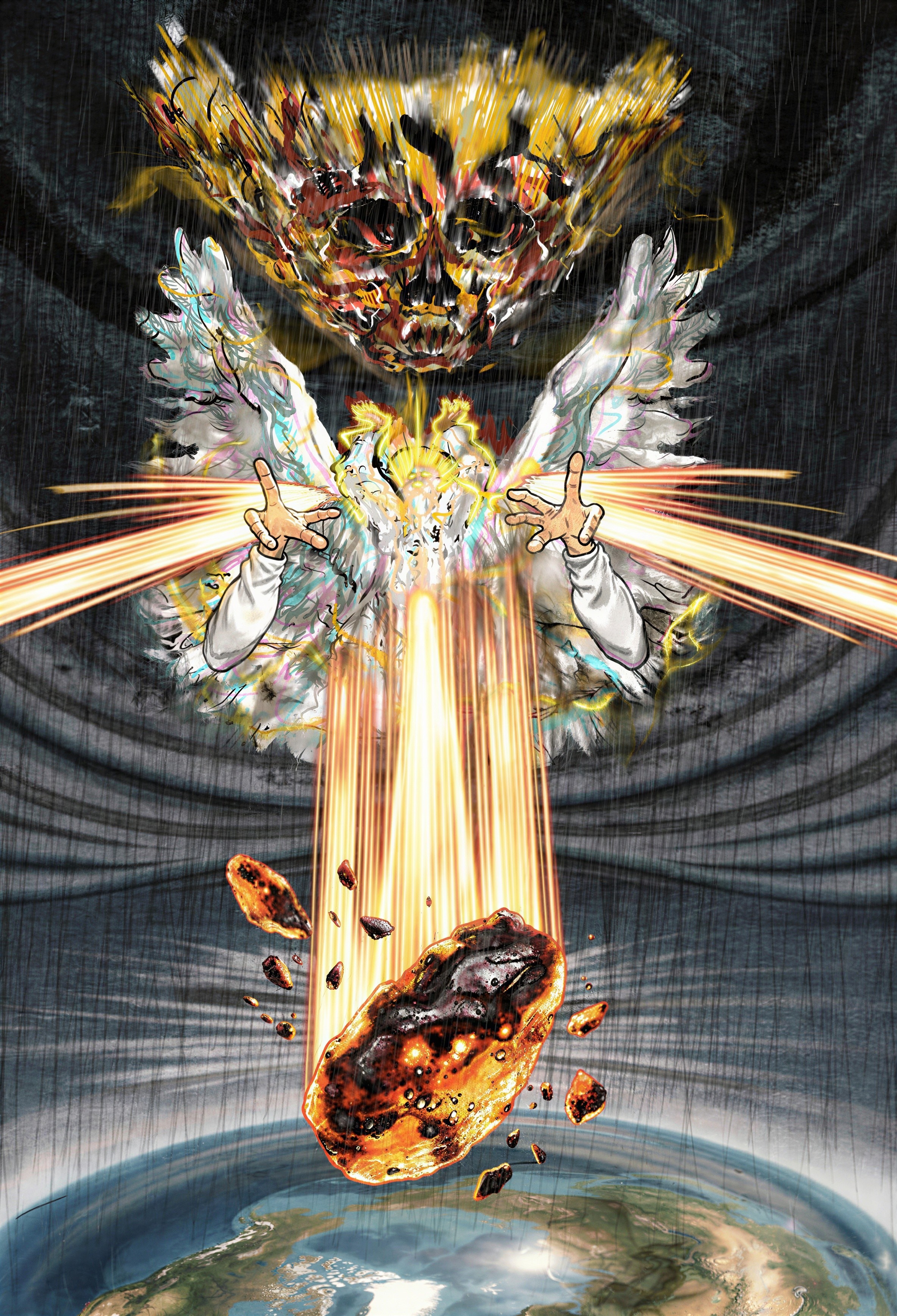 Celestial Being with Asteroid Over Light Blue Planet