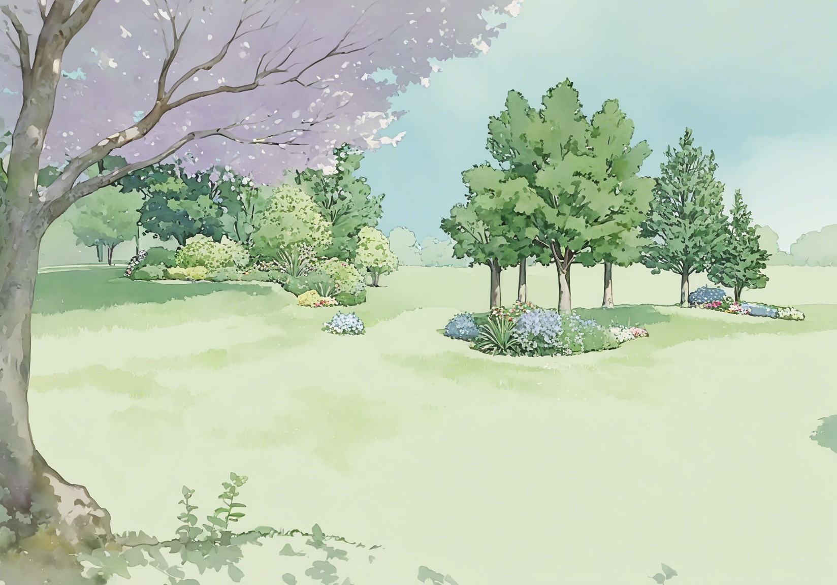 Serene Landscape with Green Trees and Flower Beds