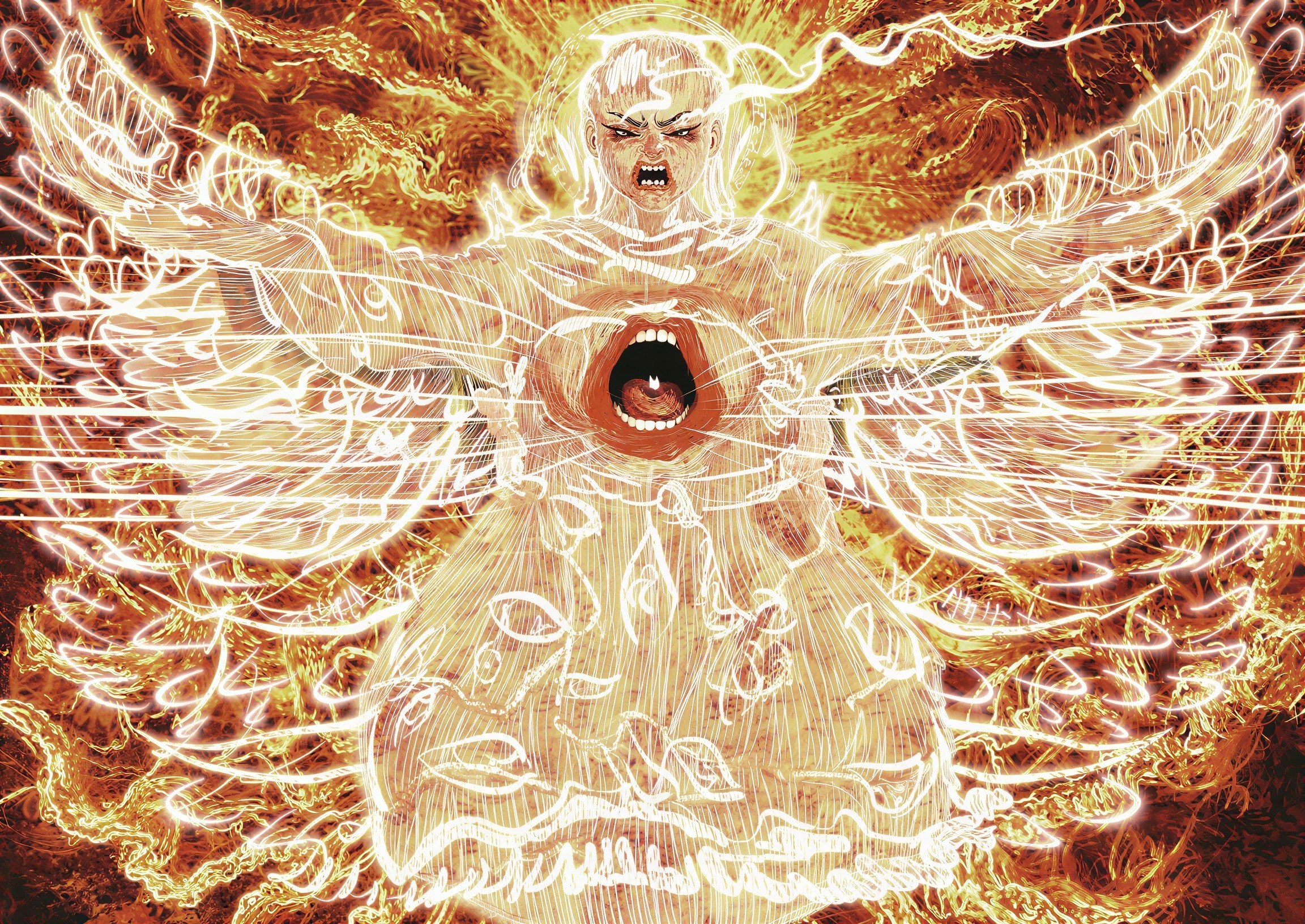 Young woman with glowing energy and angelic features