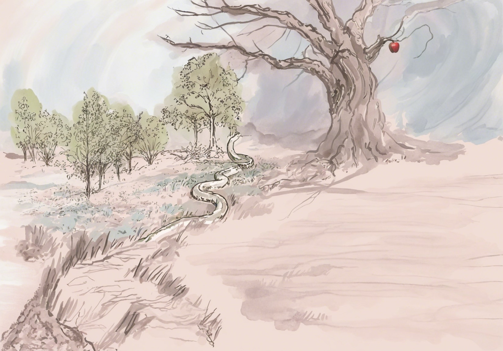 Winding Brook in a Tranquil Landscape with Apple Tree