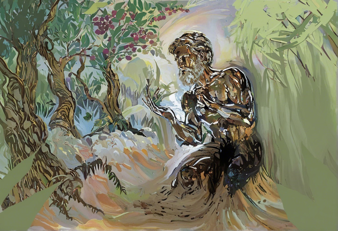 Mythical Figure Nurturing Plant in Lush Greenery