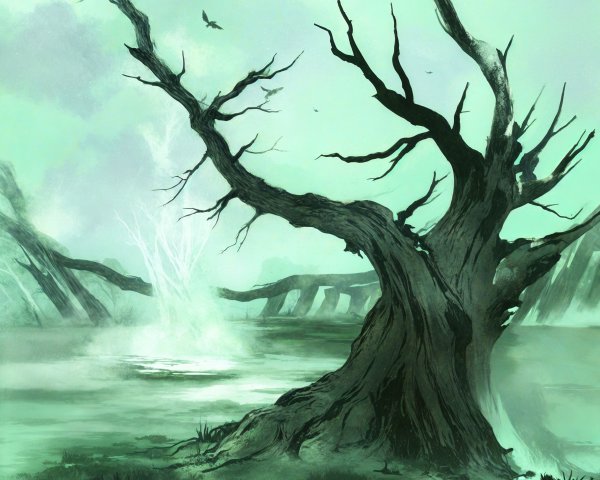 Ethereal Landscape with Leafless Tree and Misty Water