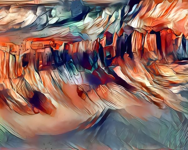 Abstract Landscape with Reddish-Orange Cliffs and Swirls