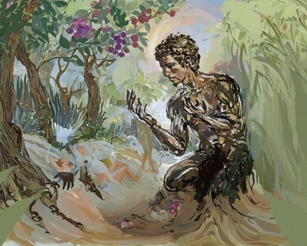 Figure in Vibrant Forest with Earthy Textures and Flora