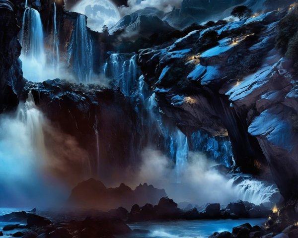 Moonlit Waterfalls in a Starry Night Landscape