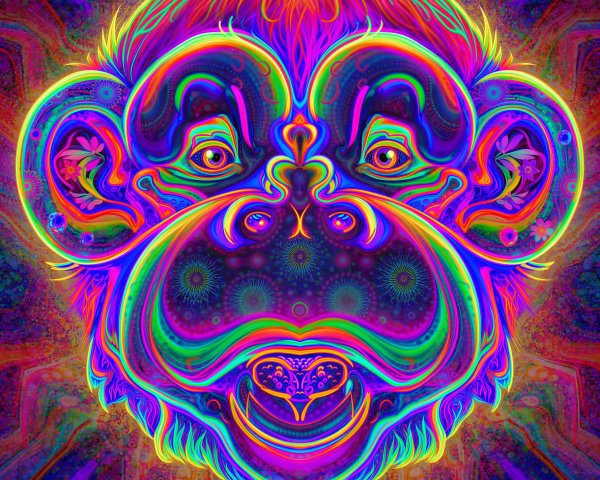Psychedelic Illustration of a Monkey's Head in Colorful Patterns