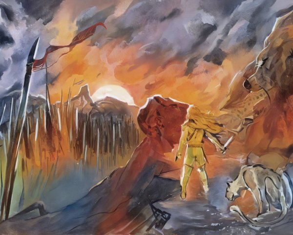 Warrior with Sword and Wolf at Fiery Sunset Landscape